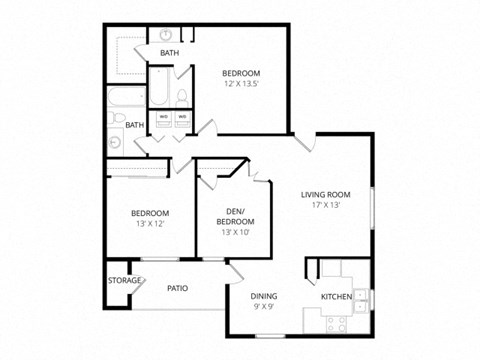 Floor plan for 3 beds, 2 baths, 1115 sqft